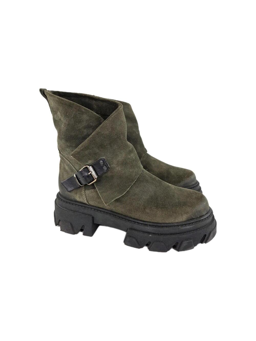 Venezia khaki suede ankle boots US 7 rugged chunky sole Biker Platform Buckle